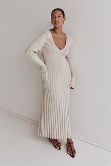 V-Neck Sleeved Knit Midi Dress