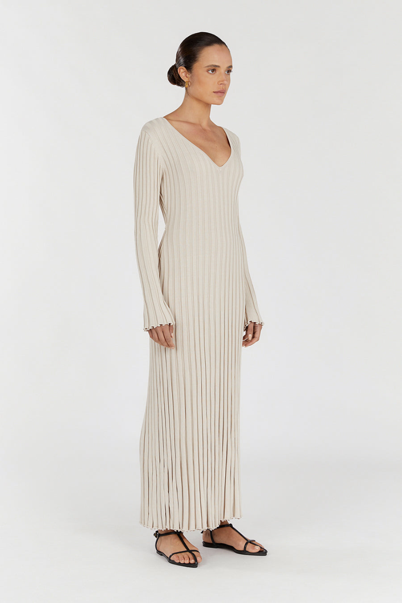 V-Neck Sleeved Knit Midi Dress